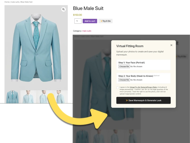 AnyDress AI virtual fitting room for a WordPress website