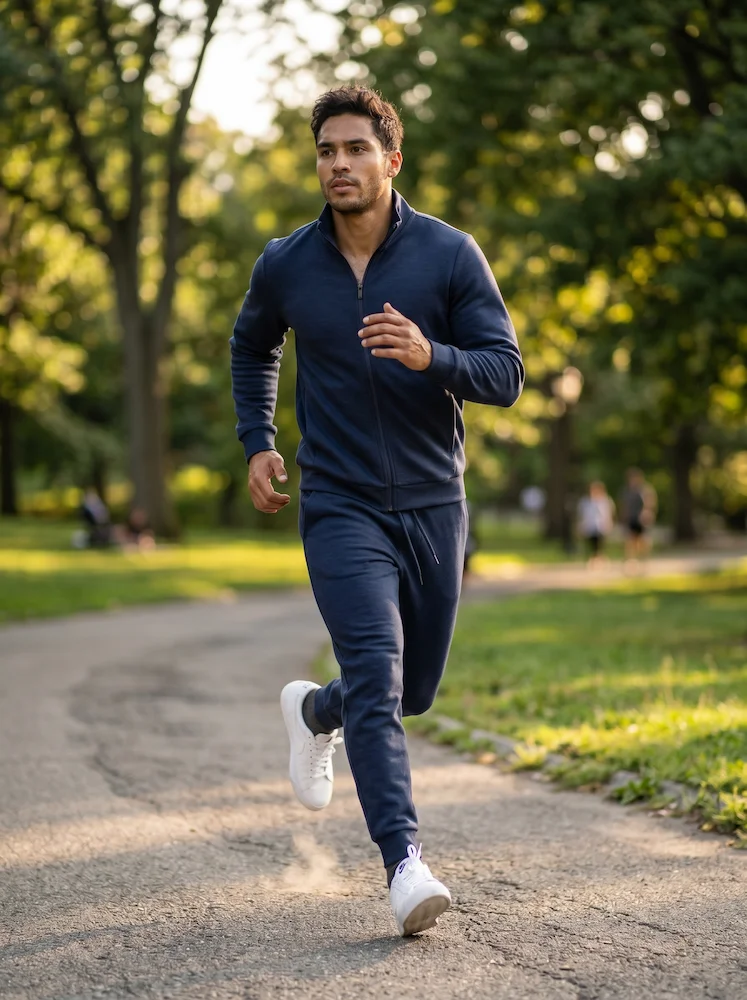 AI male model wearing activewear while jogging in the park