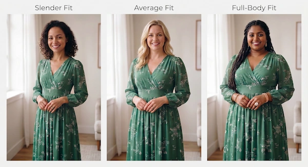 anydress virtual try-on plugin showing three women of different body types and ethnicities wearing the same dress