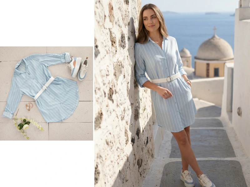 Comparison of a standard flat lay clothing photo versus a high-ranking AI model photo in Google Visual Search