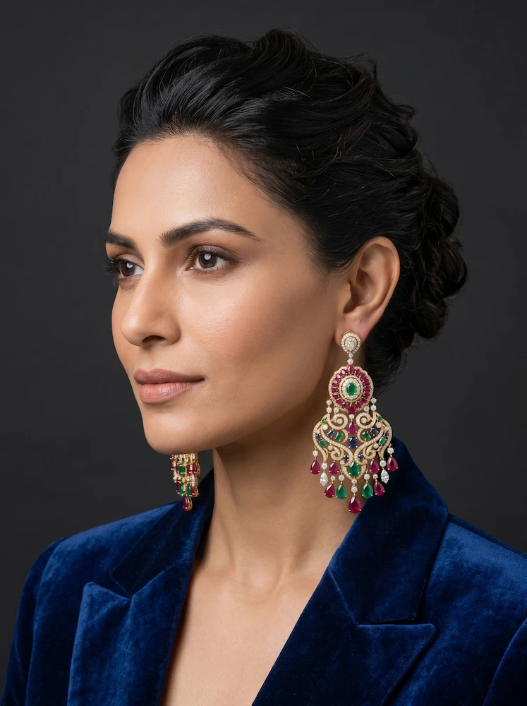AI fashion model wearing gold earrings with gemstones
