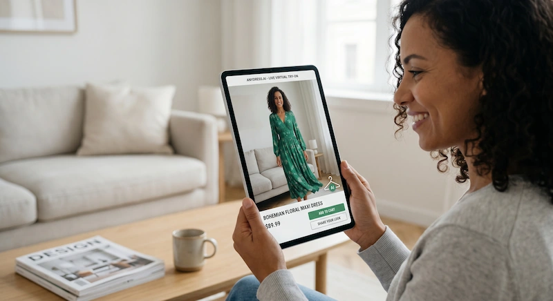 woman testing anydress AI Virtual Try-On WooCommerce
