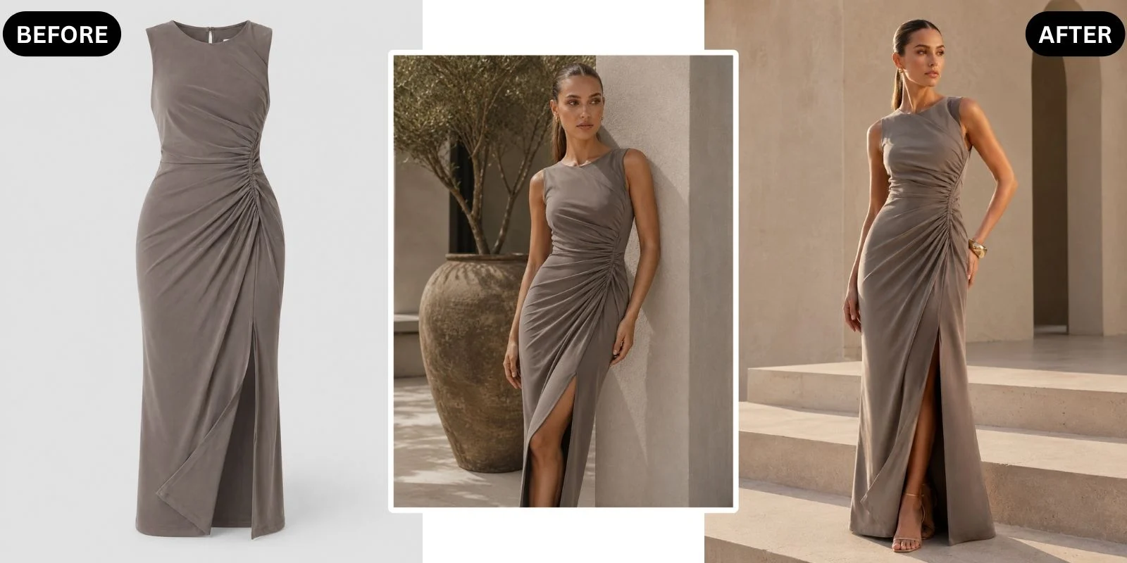 Before and after: a phone photo of a garment turned into a studio-quality image on an AI model