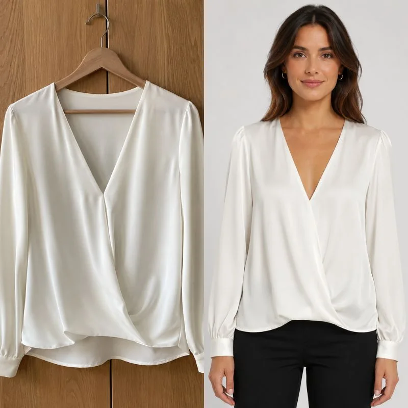 Before and after: a phone picture of a garment transformed into a studio-quality AI product photo on a model