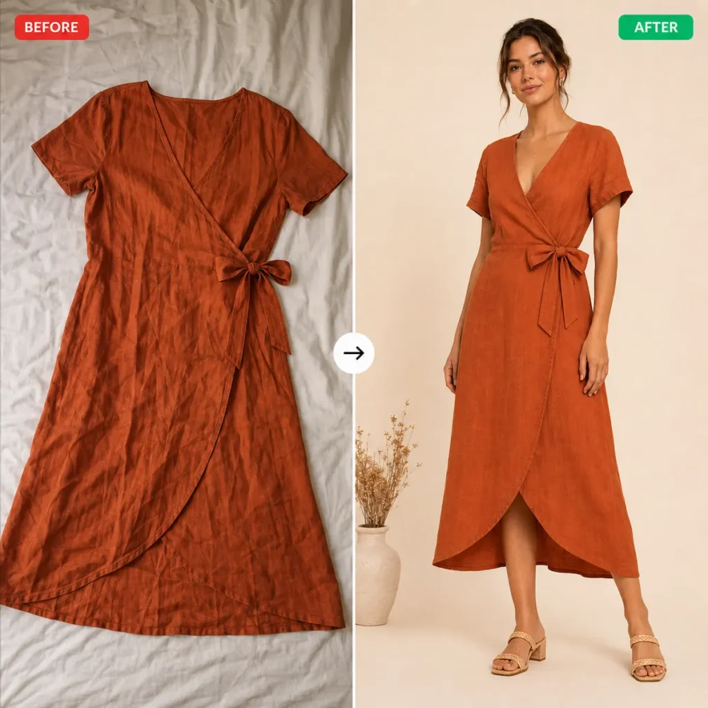 Before and after: a flat lay converted into a clean ghost mannequin product photo using AI in under 60 seconds