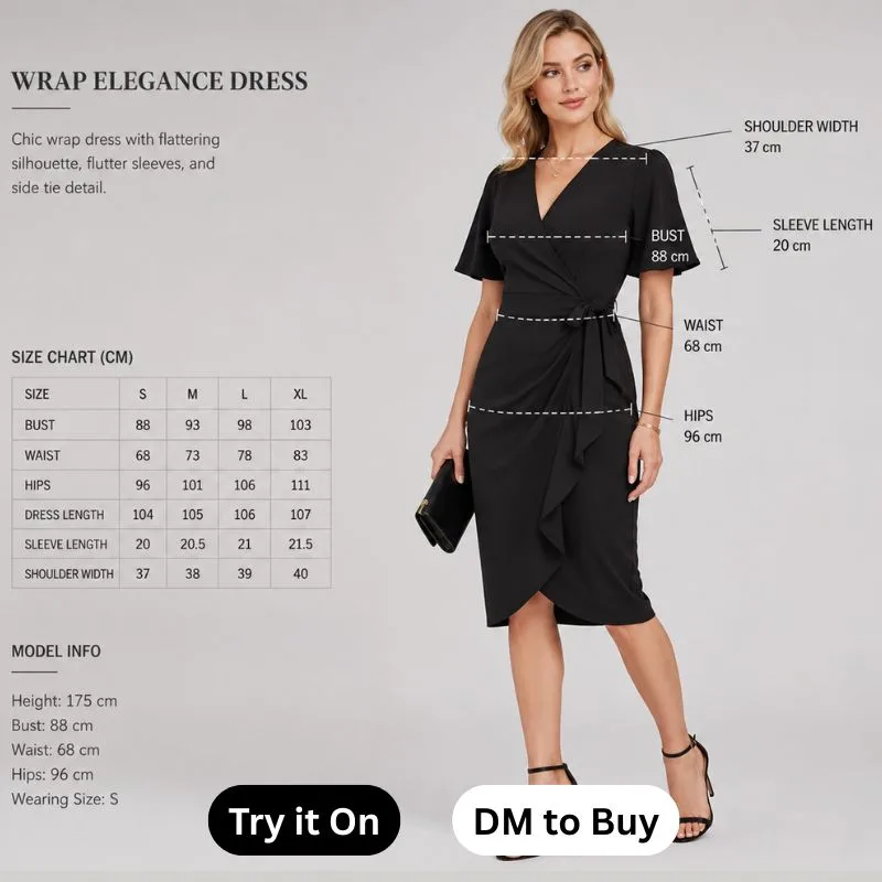 AnyDress storefront on a phone showing size chart and DM to buy on Instagram button