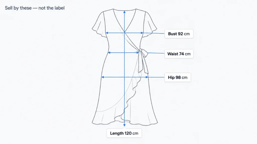 Garment measurement diagram showing bust, waist, hip and length points for a size chart