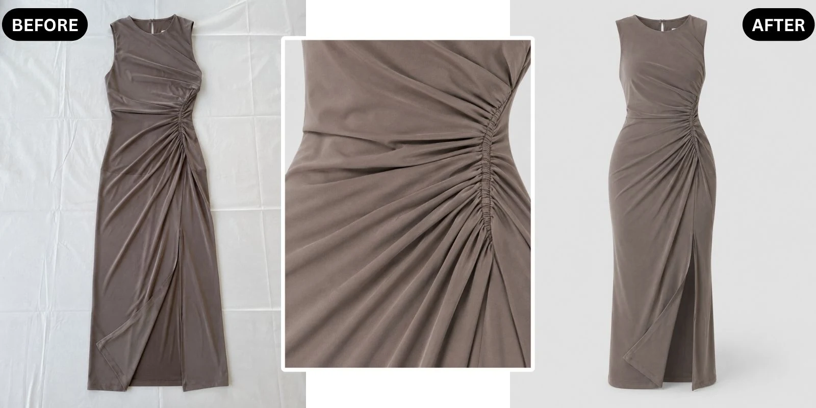 Before and after: a flat lay converted into a clean ghost mannequin product photo