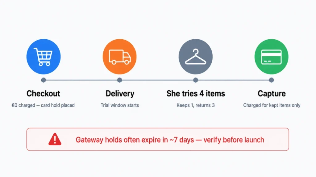 Timeline of a WooCommerce home try-on order from checkout hold to payment capture