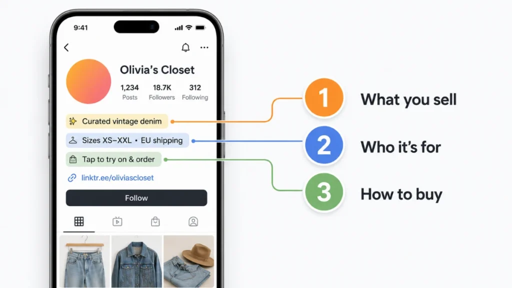 Example Instagram bio for a clothing shop showing what to sell, who it's for, and the store link