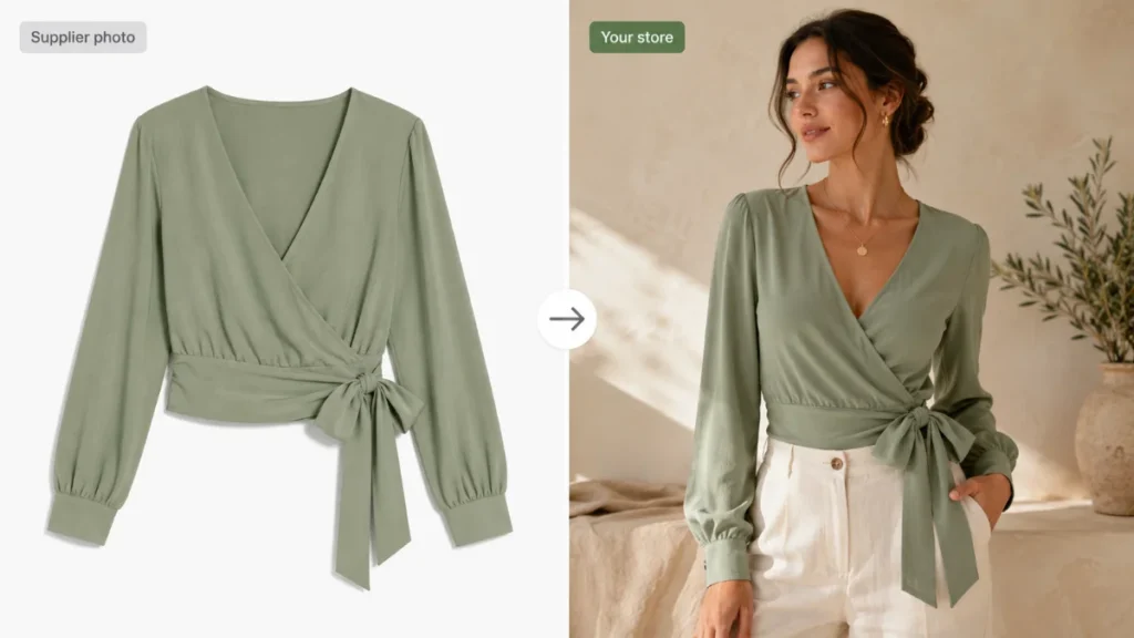 Supplier packshot of a wrap top transformed into a branded on-model AI product photo
