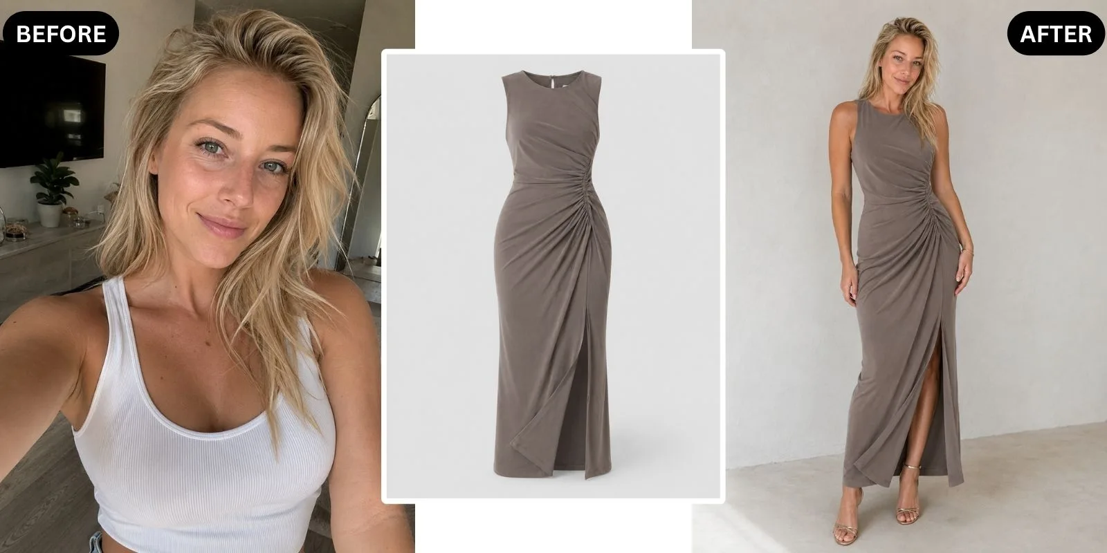 AI virtual try-on before and after: a TikTok viewer's own photo wearing the seller's outfit