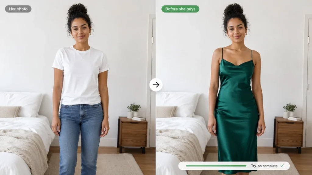 Shopper's photo and AI try-on result shown side by side before purchasing from an Instagram store.