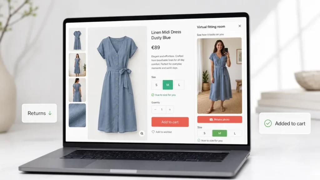 WooCommerce product page with an AI virtual fitting room showing the dress on the customer's own photo