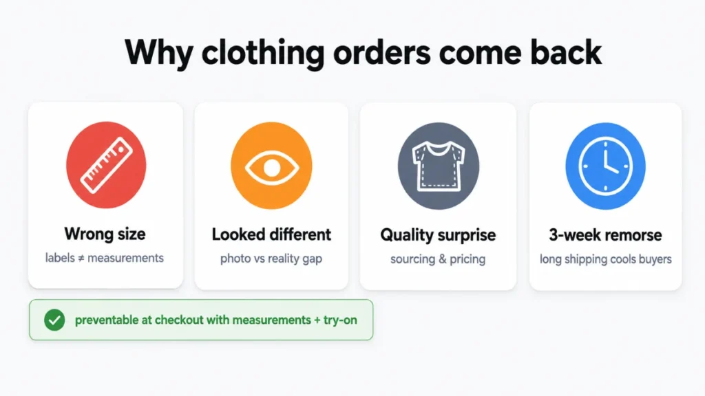 Four causes of clothing dropshipping returns: wrong size, looked different, quality surprise and buyer remorse