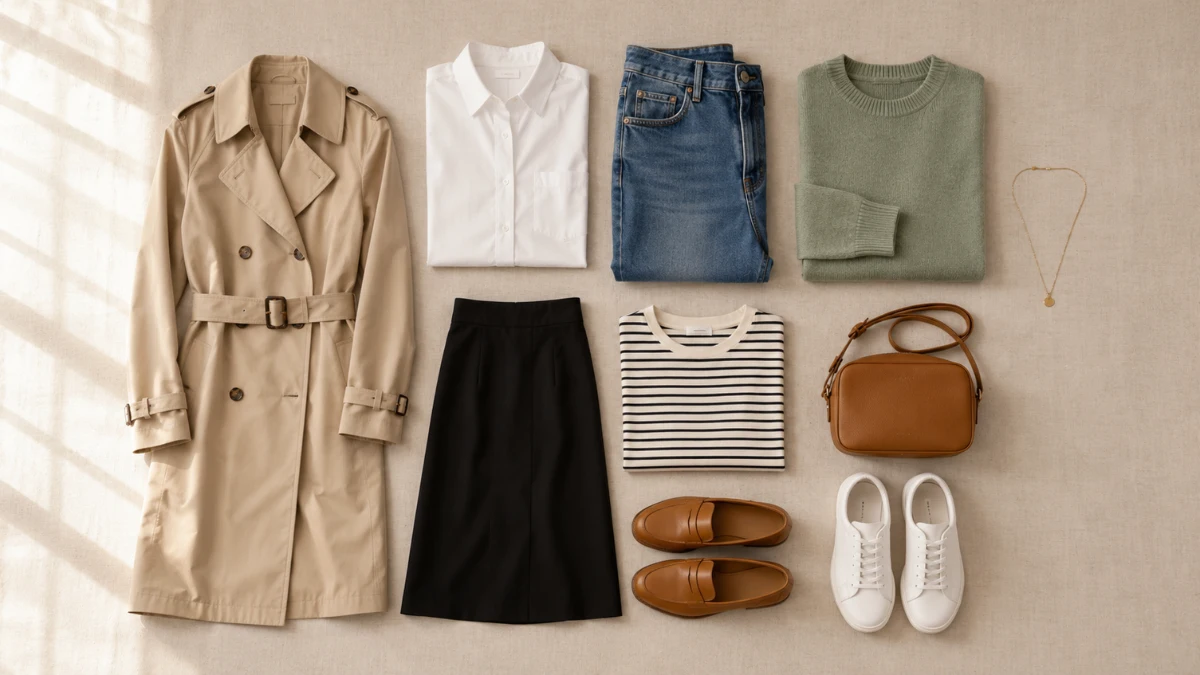 Flat lay of capsule wardrobe essentials including a white shirt, jeans, trench coat and loafers