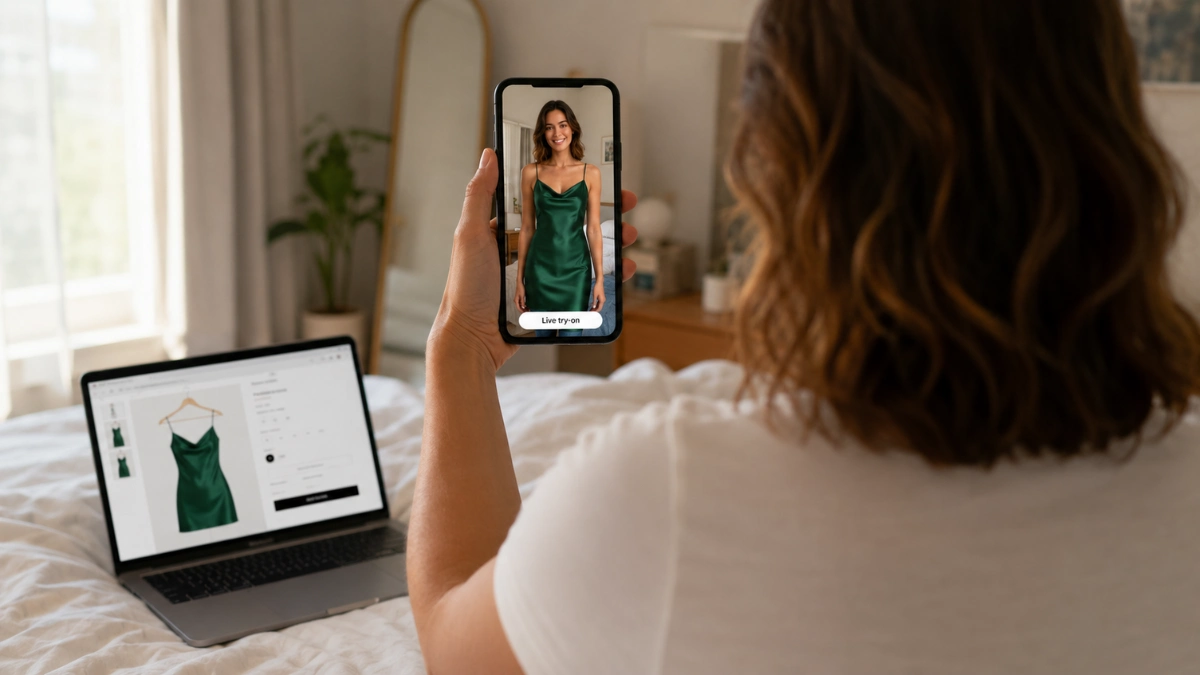 Woman holding up her phone and seeing an online store's green dress rendered live on herself